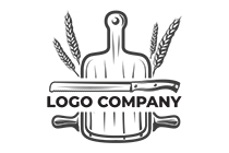 Abstract Consisting of a Cutting Board, Knife, Flattening Stick, and Grains of Wheat Logo